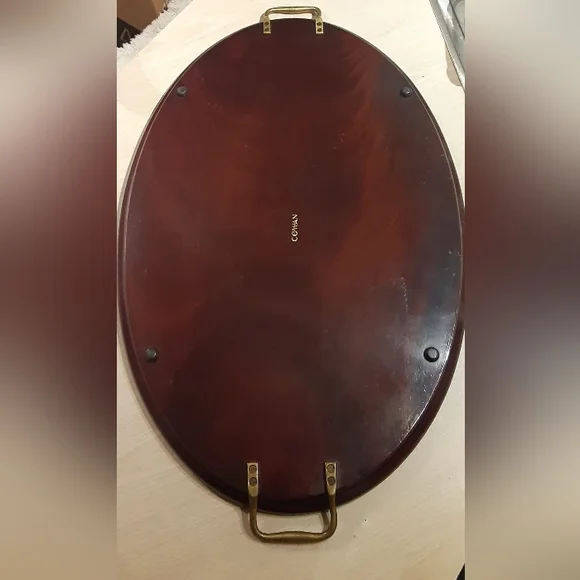 1894 - 1920 COWAN Chicago Brass & Mahogany Oval Serving Tray w/ Inlay A BEAUTY!